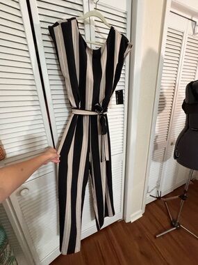 Enfocus Studio Black and Cream Vertical-Stripe Belted Jumpsuit